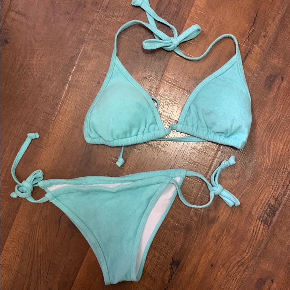 Blue Terrycloth Triangle Bikini Set with Side Ties
